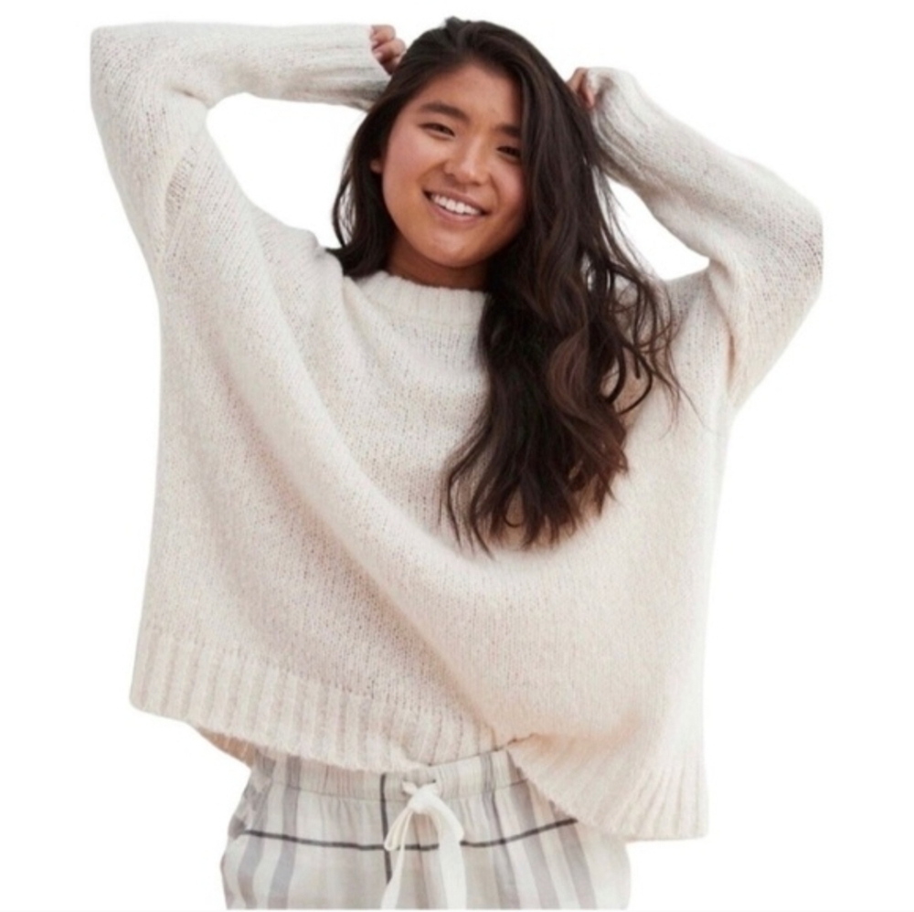 Aerie Big Sky Oversized Knit Sweater Wool Blend Cream White Medium
